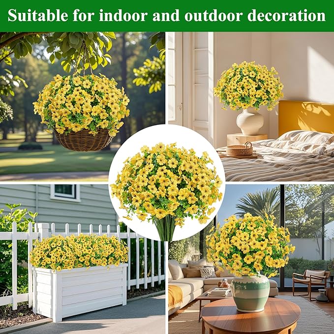 Ouddy Decor 12 Bundles Artificial Flowers for Outdoors Fake Silk Flowers UV Resistant Faux Plastic Plants for Spring Summer Garden Porch Window Box Table Vase Home Indoor Outdoor Decoration, Yellow