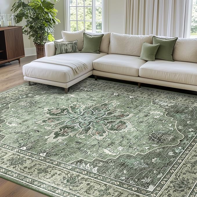 RELEANY Area Rugs 8'x10' Washable Non-Slip, Floral Vintage Distress Print Pattern Medallion Carpet for Living Room Bedroom Dining Room, Dark Green Gray
