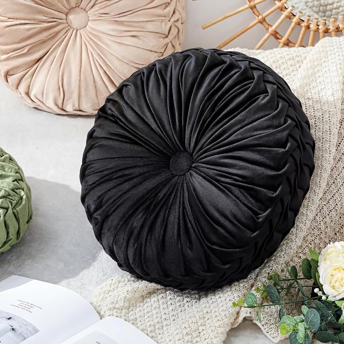 Drydiet 1 Pcs Round Throw Velvet Pillows Decorative Pleated Throw Pillows Diameter Accent Pumpkin Boho Chair Cushion for Couch Sofa Home Decoration (Black,15'')