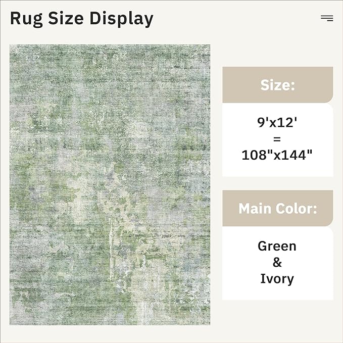 Soalmost 9x12 Area Rugs for Living Room, Non-Slip Machine Washable Vintage Rugs, Abstract Low Pile Lightweight Large Rug for Bedroom, Dining Room, Home Office Green Ivory