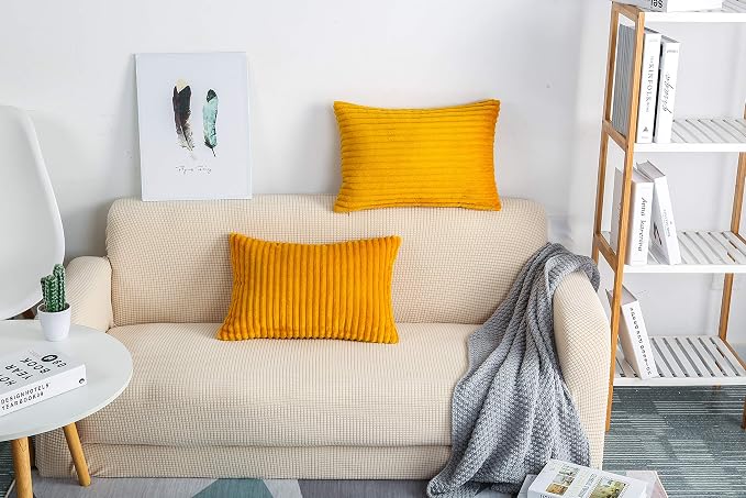 TangDepot Velvet Big Corduroy Pillow Covers 12x18 Deep Yellow 2-Pack | Soft wide-stripe corduroy pillow cover, hidden zipper, machine washable, easy refresh, for bedroom living room indoor outdoor