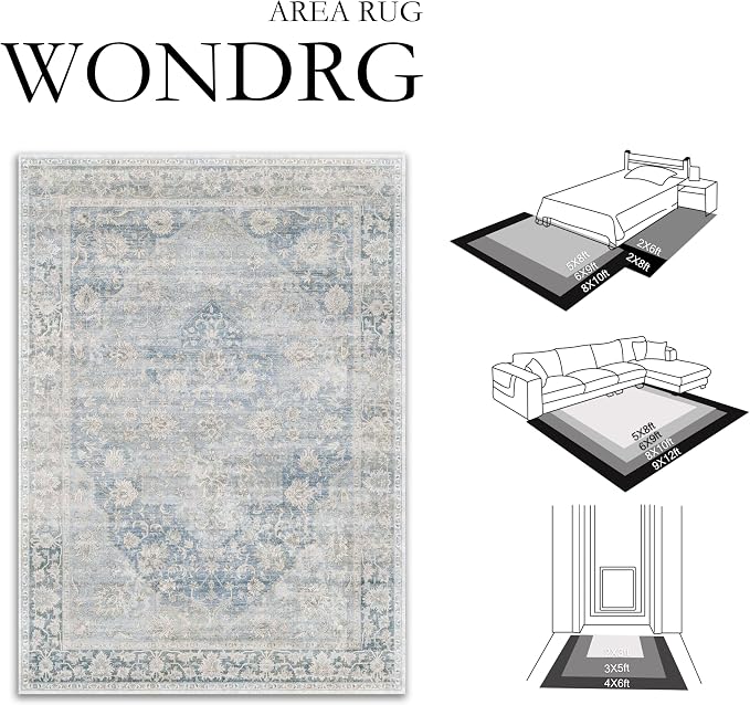 9x12 Neutral Area Rug Blue Vintage Living Room Bedroom Washable Carpet Non-Slip Soft Low Pile Oriental Indoor Large Throw Rug for Dining Room Office
