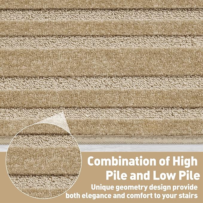 PURE ERA Bullnose Carpet Stair Treads Set Tape Free Non-Slip Indoor Stair Protectors Pet Friendly Rugs 9.5" x 30"(7 Pieces,Khaki Rectangular)