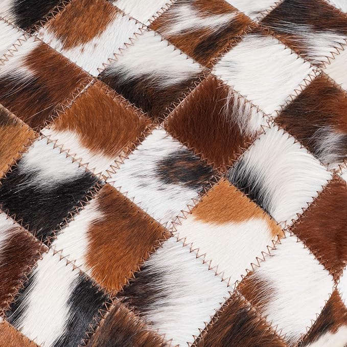 ecowhides 100% Genuine Brazilian Cowhide Patchwork Pillow – Tricolor Handcrafted Design – Single-Sided – Luxury Leather Decorative Cushion for Rustic & Western Home Décor – 15” x 15”