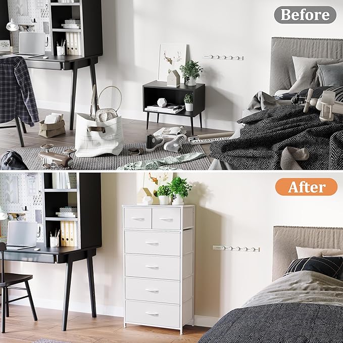 Fabric Dresser for Bedroom, Tall Skinny Dresser with 6 Drawers, Storage Organizer Tower, Steel Frame Wooden Top for Closet, Living Room, Hallway(White)
