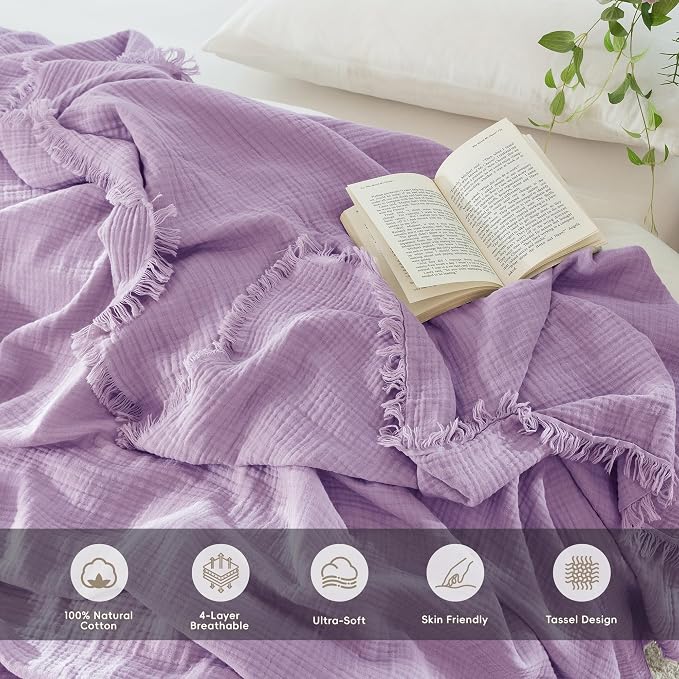 MooMee Muslin Blanket - 100% Cotton 4-Layer Gauze Throw Blanket with All-Around Fringe, Soft Breathable Lightweight Cooling Summer Blankets for Bed Couch(Light Purple,Throw XL 50" x 70")