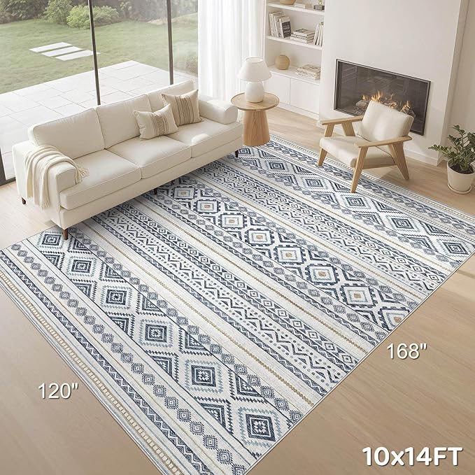 cotiled 10x14 Area Rug Living Room: Washable Boho Rugs with Non Slip Backing Large Soft Indoor Stain Resistant Carpet for Bedroom Farmhouse Dining Room Lightweight Home Decor Blue
