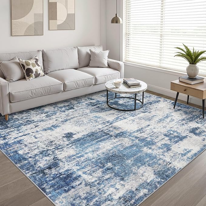 9x12 Area Rugs Living Room: Washable Large Neutral Rug Abstract Soft Modern Stain Resistant Indoor Floor Non-Slip Carpet for Bedroom Nursery Kids Office Playroom Dining Room Under Table- Navy Gray