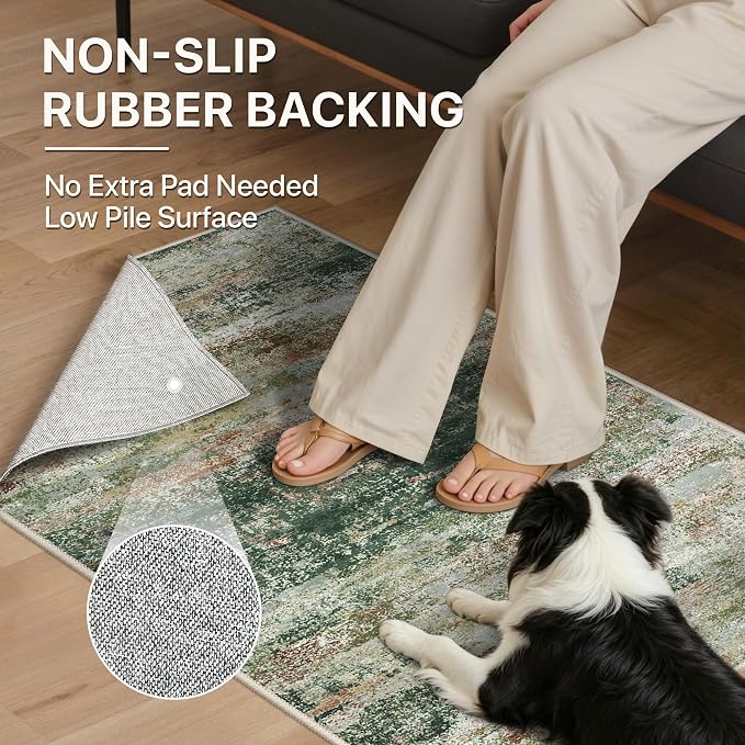 BEIMO Area Rugs 5x7 for Living Room Bedroom, Modern Abstract Machine Washable Rug, Large Soft Low Pile Floor Carpet with Non Slip Backing for Dining Room, Green/Brown