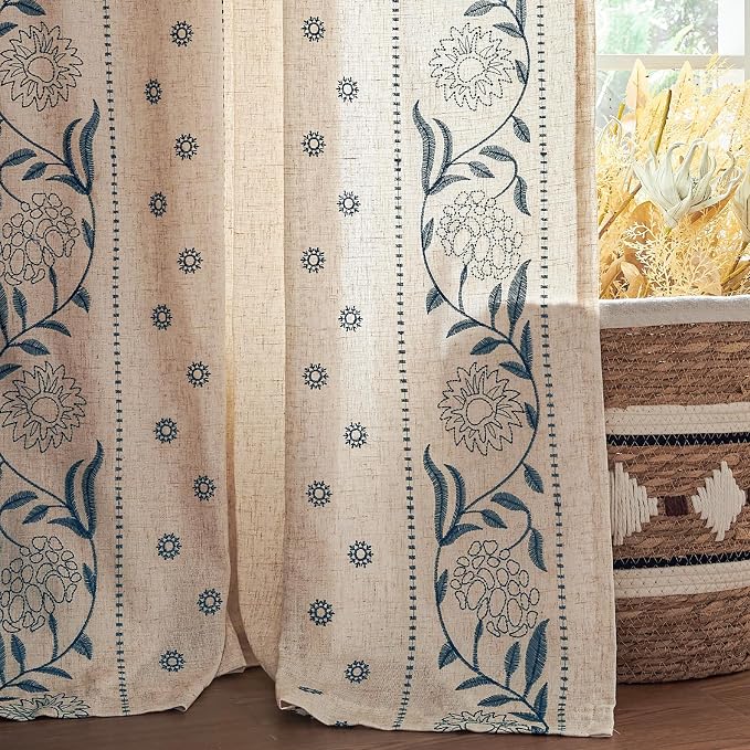 jinchan Winslow Lined Linen Curtains for Bedroom 63 Inches Linen Blended Embroidered Bordered Floral Curtains for Living Room Farmhouse Decor Window Treatments Blue on Beige Drapes 2 Panels