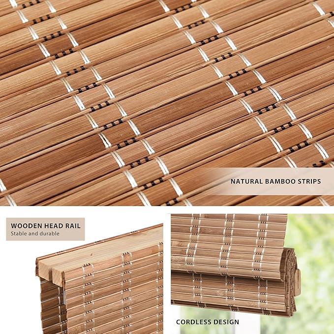 LazBlinds No Tools No Drill Cordless Bamboo Roman Shades, Light Filtering Window Treatment, Roll Up Bamboo Blinds for Windows 27.5'' W x 48'' H, Brown