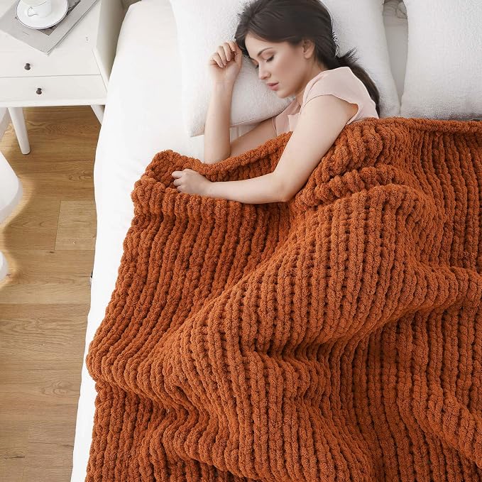 Battilo Fall Chunky Knit Throw Blanket, Soft and Thick Chenille Throw Blanket, 50"x60" Handmade Cable Knit Crochet Blanket, Rust Knitted Throw Blankets for Couch Fall Decoration, Caramel