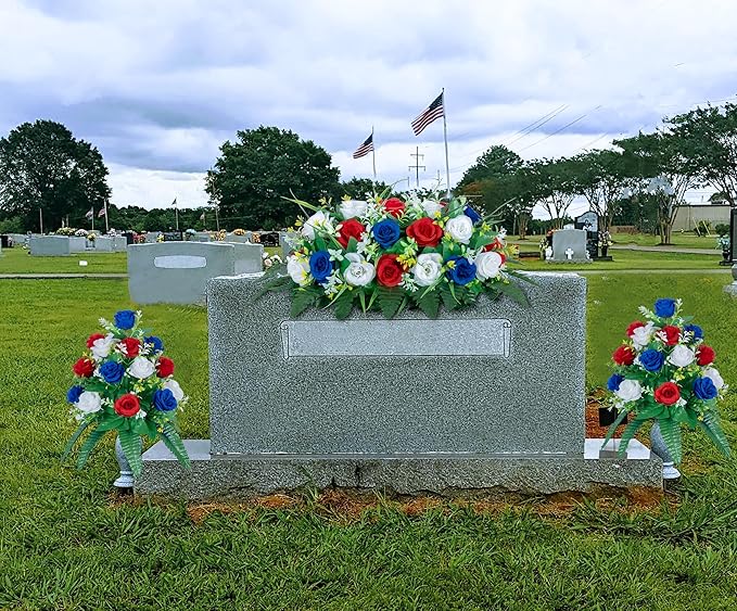 DONODA 2 Sets Artificial Cemetery Flowers， Outdoor Grave Decorations Roses，Accompanied by 2 Long Nail Vases，Lasting and Non-Bleed Colors (18 Heads (red, Blue, White))