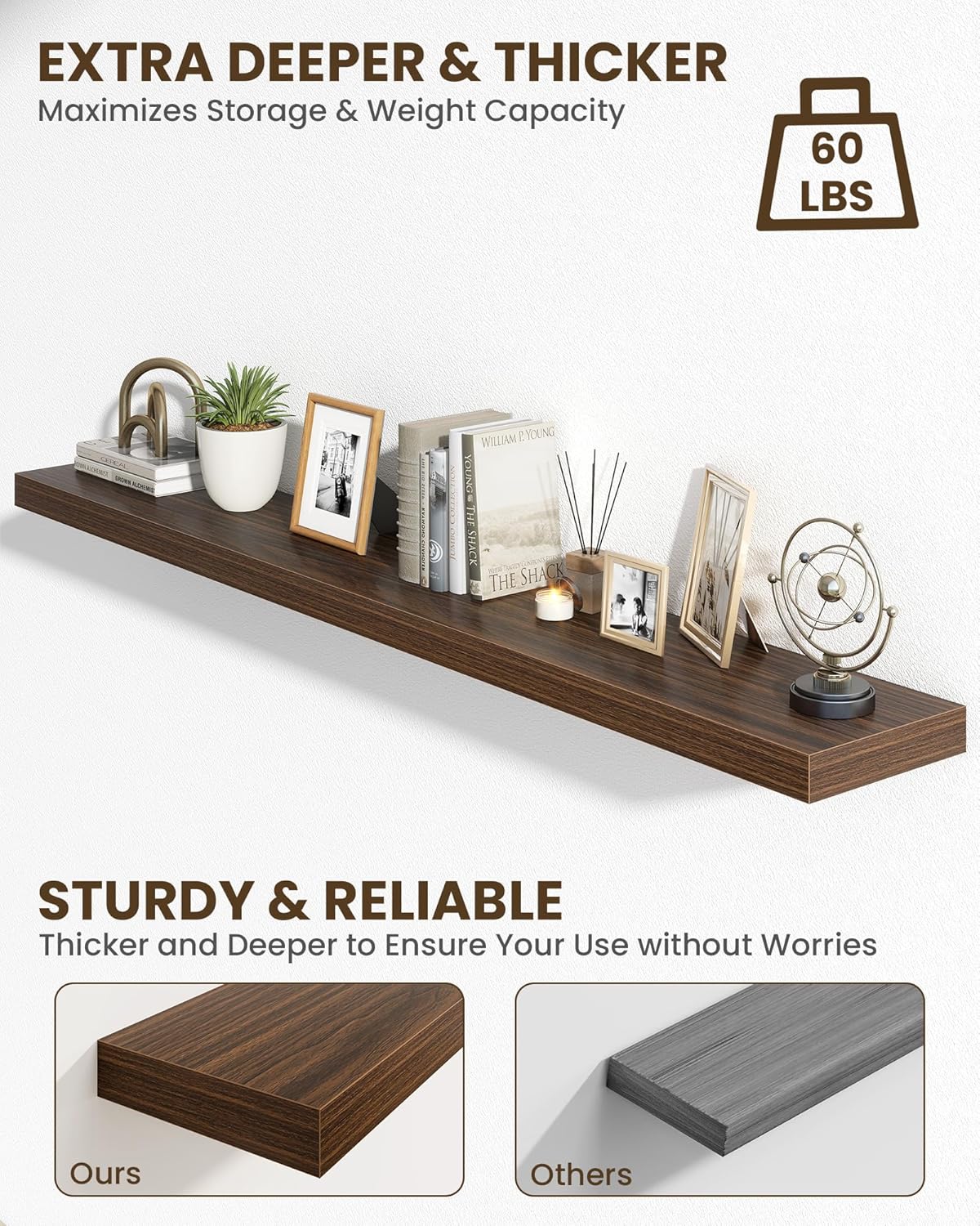 Marsmiles 72" Floating Shelves for Wall, Wooden Shelves with Invisible Brackets Set of 2, Rustic Farmhouse Wall Mounted Shelf for Kitchen Bathroom Living Room Study, Walnut