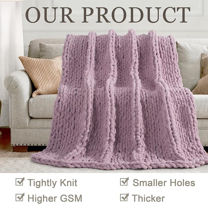 Chunky Knit Throw Blanket 60x80, 100% Handmade Chenille Yarn | 6.7lbs Soft Thick Cable Knitted Blankets, Large Rope Knot Crochet Throws for Couch Sofa Bed Machine Washable, Purple