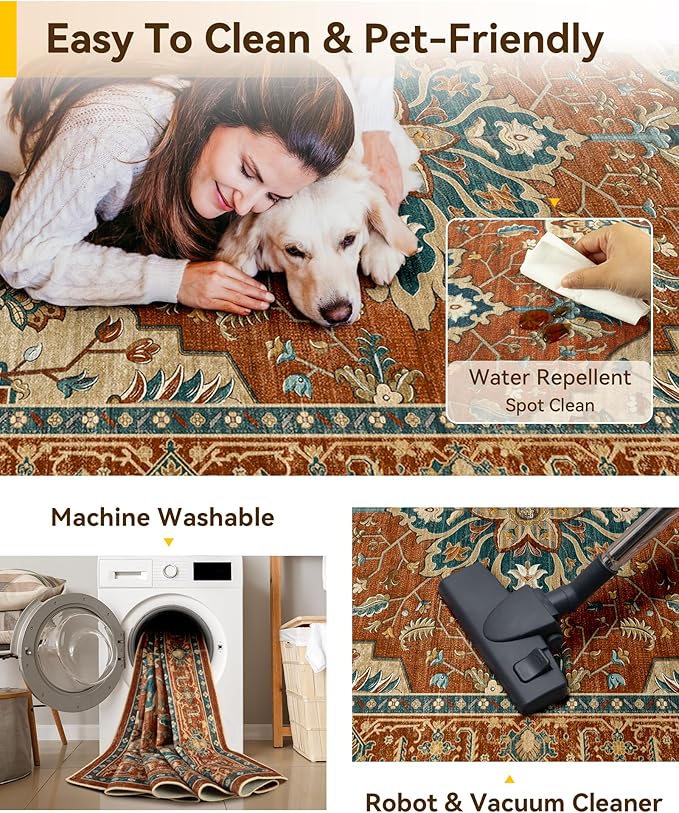 RELEANY Area Rugs Square 7ft Washable Non-Slip, Floral Vintage Distress Medallion Carpet for Living Room Bedroom Dining Room, Red Orange Blue Brown