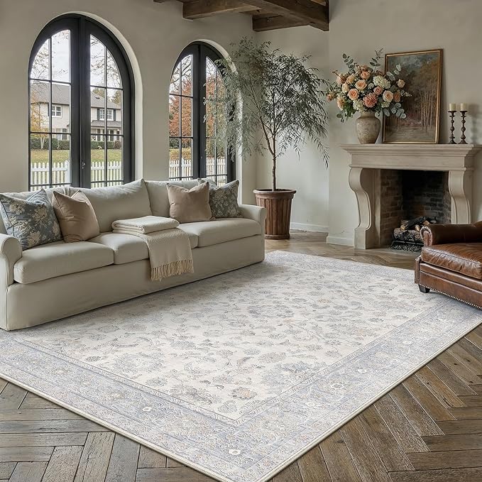 10x14 Blue Washable Area Rug for Living Room Bedroom Neutral Soft Floral Non Slip Large Throw Rug Lightweight Vintage Low Pile Distressed Carpet Doormat Office Playroom Dining Room Home Decor