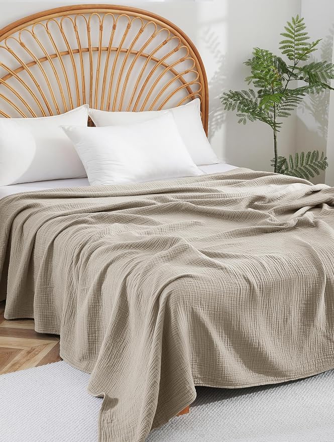 100% Cotton Muslin Throw XL Blanket (50" x 70") – A Luxuriously Soft, 4-Layer Lightweight and Breathable Gauze Blanket, Perfect for Year-Round use on beds, couches (Khaki, Throw XL)