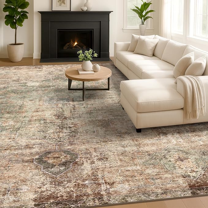 Vintage Green and Brown 6x8 Living Room Rug - Modern Abstract Rug for Dining Room Under Table, Bedroom, Foldable High Traffic Area Carpet, Washable Non Slip Soft Rust Taupe Faded Print Mat