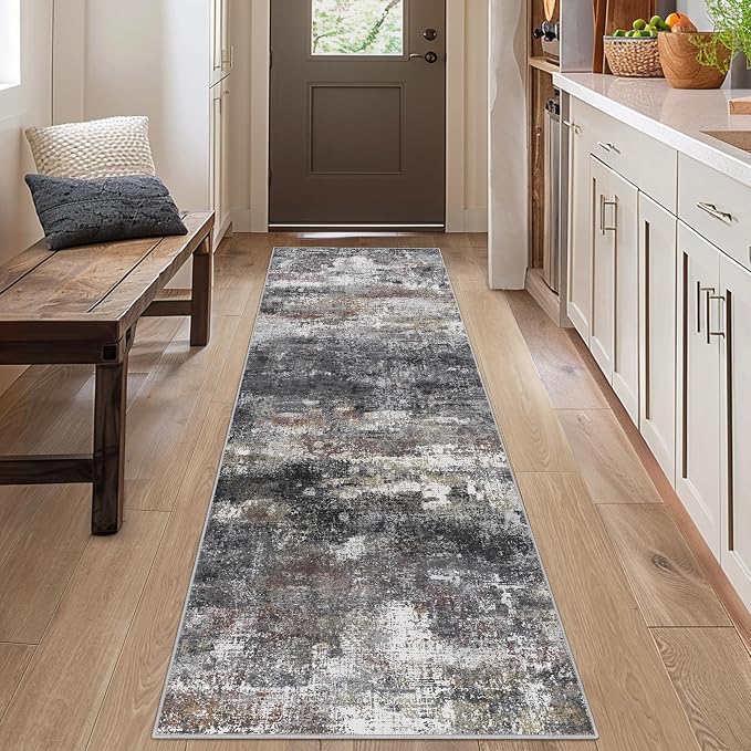 BEIMO Runner Rug for Hallway Kitchen, 2x5 Machine Washable Runners Rug for Entryway, Soft Modern Abstract Throw Rugs, Low Pile Floor Cover with Non Slip Backing, Dark Gray