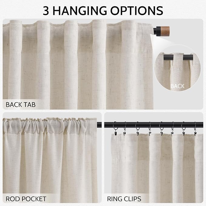 Nanspring Pearl White Linen Curtains 63 Inch Length for Living Room Luxury Light Filtering Semi Sheer Curtain Back Tab Coastal Decor Neutral Elegant Gray Drapes for Bedroom Office 52x63, 2 Panels