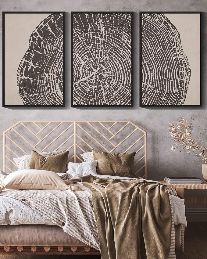 PHOPAGO Farmhouse Vintage Framed Wall Art Large 16x24in Set Gray Wood Tree Ring Spirals Nature Abstract Drawings Rustic Modern Art Decor for Living Room Bedroom - Black Framed
