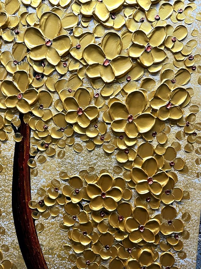 Yika Art Paintings - 24X48 Inch 3D Golden Flower Tree Wall Art Abstract Textured Knife Platte Acrylic Painting on Canvas 3D Flowers Tree Paintings Ready to hang
