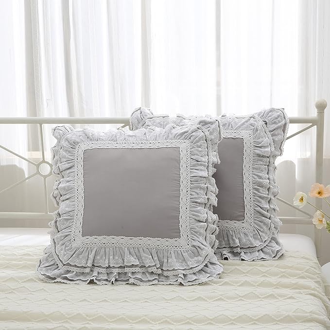 Light Gray Lace Euro Shams Luxury Throw Pillow Covers Cushion Cases with Ruffles Cotton 26"X26" Zipper Closure Elegant 2-Pack