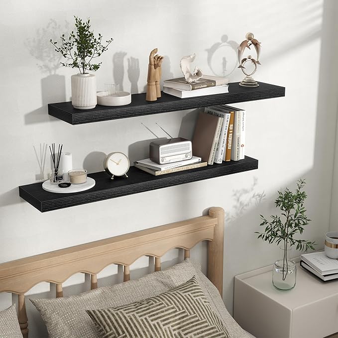 Fun Memories Floating Shelves for Wall, Rustic Wood Wall Mounted Shelves for Bathroom, Bedroom, Living Room & Kitchen, Storage Display Shelves, (Set of 2, Black, 40 in)