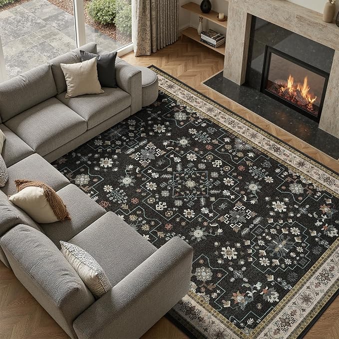 DCX Black Boho 5x7 Area Rugs, Machine Washable Non Slip Geometric Floral Rug, Stain Resistant Low Pile Soft Rug for Living Room, Bedroom, Nursery, Playroom