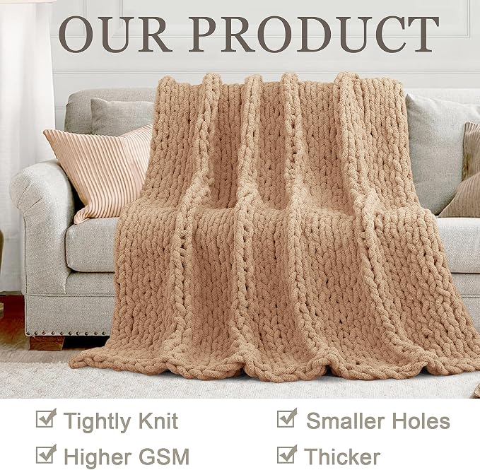 Chunky Knit Throw Blanket 50x60, 100% Handmade Chenille Yarn | 4.4lbs Soft Thick Cable Knitted Blankets, Large Rope Knot Crochet Throws for Couch Sofa Bed Machine Washable, Tan Brown