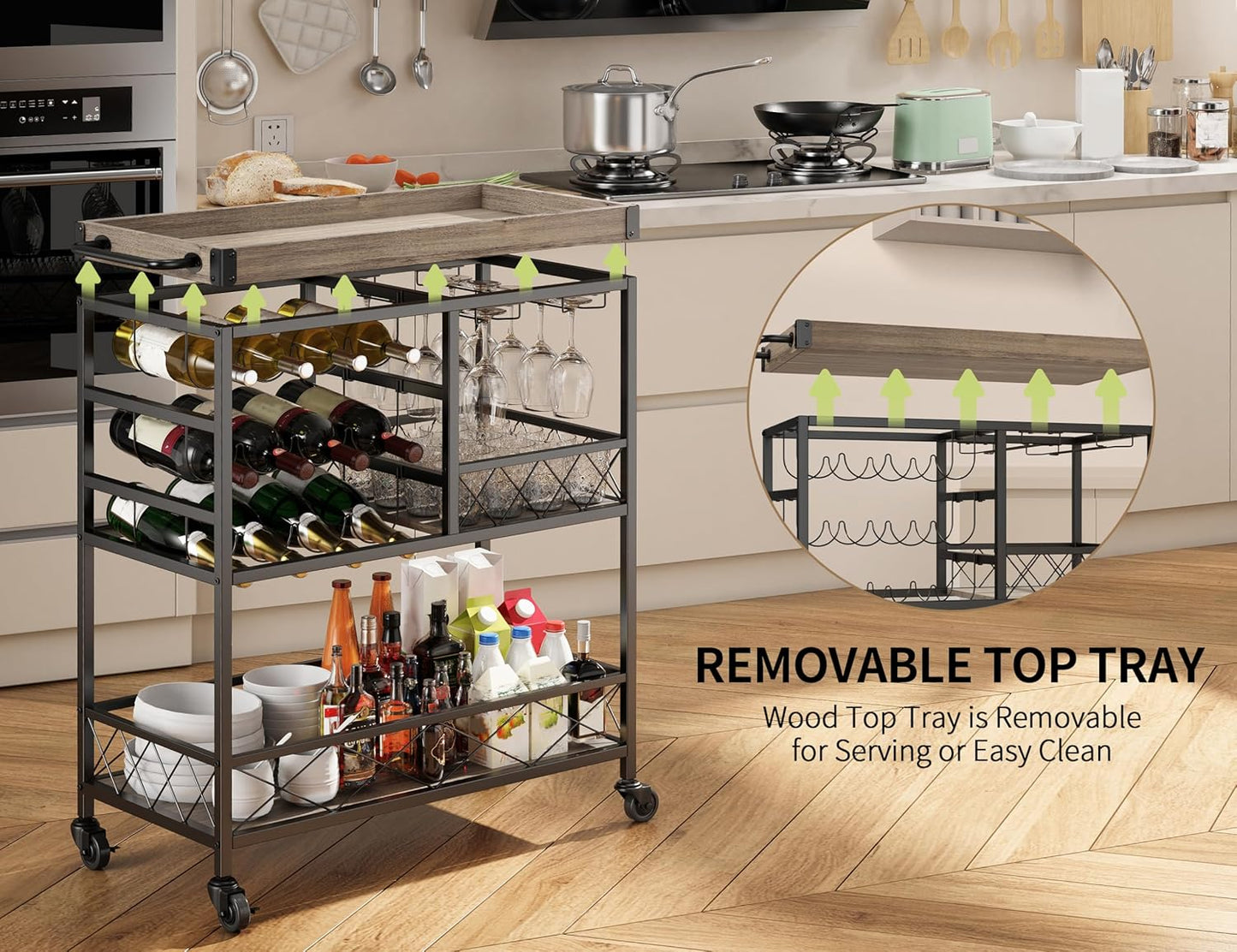 Gizoon Rolling Bar Cart, a Versatile Beverage Cart with a Removable Tray, 12-Bottle Wine Rack, and Glass Holder, The Bar Cart is Perfect for Kitchen, Dining Room, or Outdoor Use (Gray)