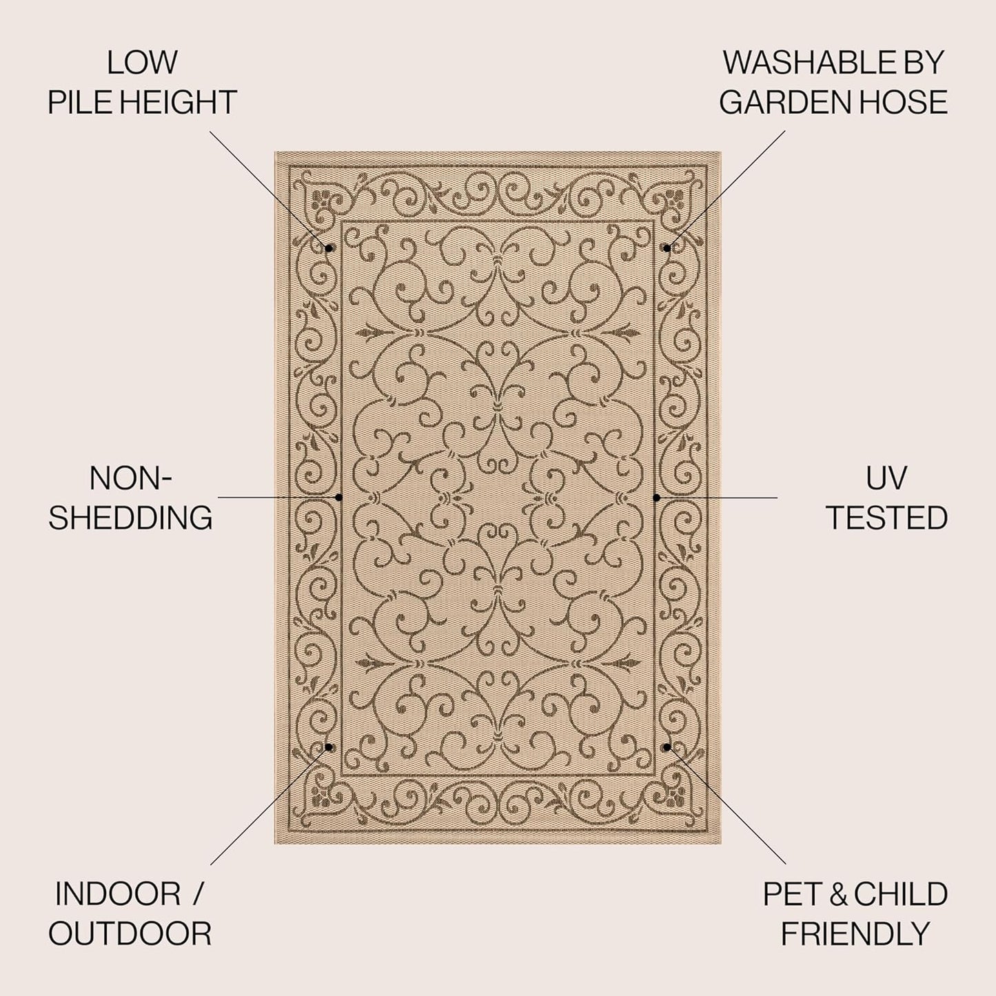 JONATHAN Y Vintage Filigree Indoor Outdoor Square Area Rug 4X4 Beige/Brown, Charleston Textured Weave for Backyard, Patio, Porch, Easy-Cleaning, High Traffic, Pet-Friendly, Non-Shedding (SMB106A-4SQ)