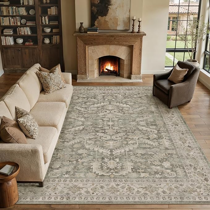 PureCozy Brown 5x7 Area Rug Vintage Washable Living Room Carpet Non Slip Bedroom Indoor Office Low Pile Traditional Distressed Retro Accent Rug for Dining Room Bathroom Kitchen