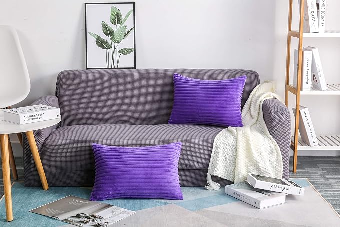 TangDepot Velvet Big Corduroy Pillow Covers 12x12 Violet 2-Pack | Soft wide-stripe corduroy pillow cover, hidden zipper, machine washable, easy refresh, for bedroom living room indoor outdoor