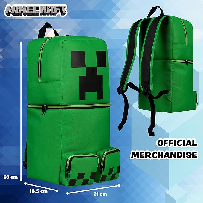 Minecraft Backpacks for Kids Creeper Boy Bag with Zipped Pockets Adjustable Straps Kids Bag for Gaming Travel and School Backpack Boy Gifts (Green 3D, 19.68x8.26x7.28inch)