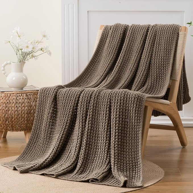 Bunnikins & Clover Knitted Waffle Throw Blanket 60x80 Inches, Camel Tan Throw Blanket for Couch, Tan Blanket Fluffy Cozy Knit Soft Throws for Women Mothers Birthday Gifts