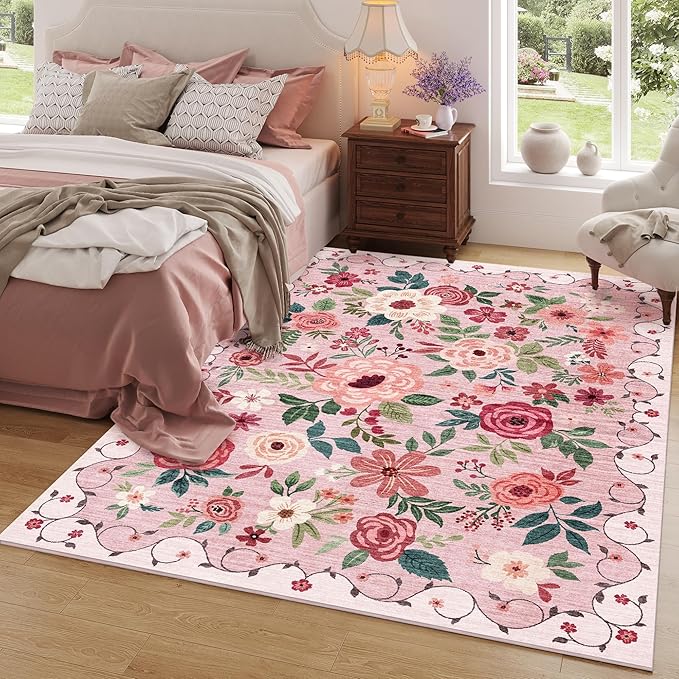 DUKINO 6x9 Area Rug, Floral Rugs for Living Room, Lightweight Non Slip Washable Rug, Indoor Low Pile & Non-Shedding Boho Design Rugs for Bedroom, Living Room, Dining Room, Pink