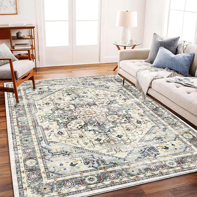 CHAMPLANT Washable Area Rug 10'x14' Cyan Khaki Retro Flowers Boho Design Non-Shedding Easy Care Ideal for High Traffic Areas in Living Room Bedroom Office Coffee Table Kitchen Large Carpet