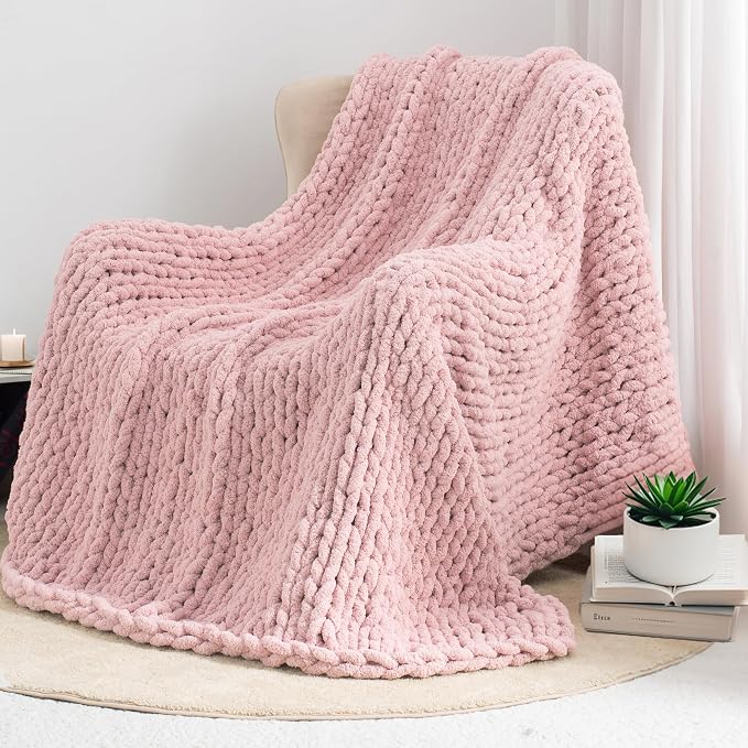 Chunky Knit Throw Blanket 60x80, 100% Handmade Chenille Yarn | 6.7lbs Soft Thick Cable Knitted Blankets, Large Rope Knot Crochet Throws for Couch Sofa Bed Machine Washable, Dusty Pink
