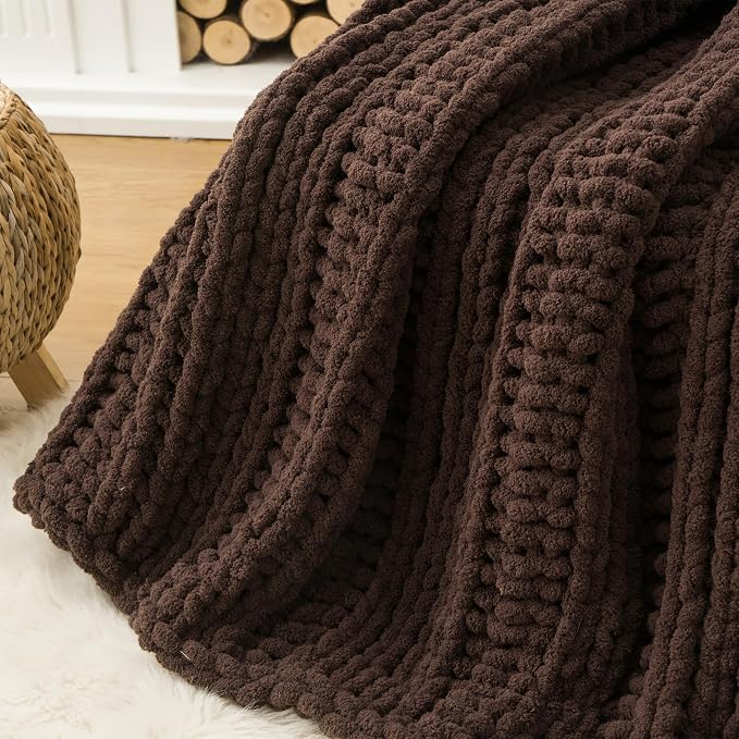 Battilo Chunky Knit Throw Blanket for Couch, 50"x60", Chocolate Brown | Hand Knit, Gift Blanket, Cozy Warm Thick Soft Chenille Throw Blanket for Bed, Sofa, Chair, Living Room