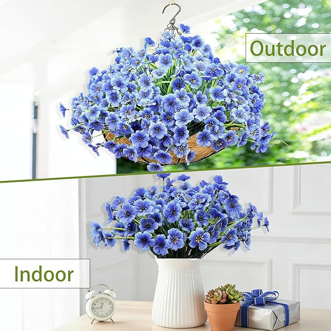 20 Bundles Artificial Flowers for Outdoors,UV Resistant Fake Flowers with Plastic Plants,Silk Faux Fowers for Outdoor Planters,Fake Realistic Flowers Window Box Front Porch Hanging Basket Decor-Blue