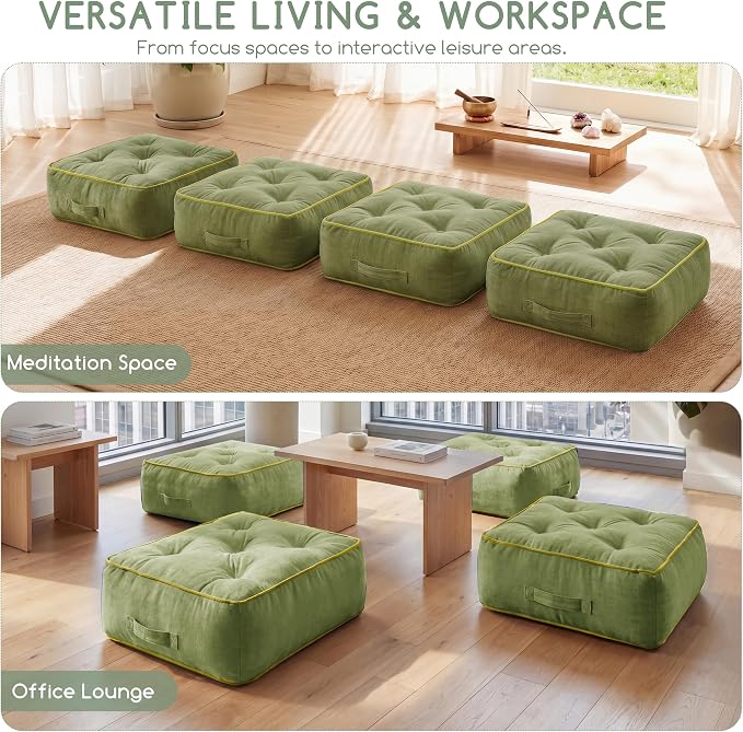 HIGOGOGO 8" Extra Thick Floor Pillow Cushion for Adults, Meditation Cushion Pillow with Handle, Lustrous Chenille Tufted, Square Floor Sitting for Tatami Living Room or Yoga, 22x22 Inch, 2Pack, Green