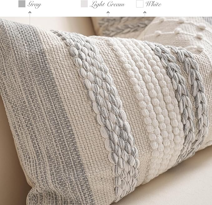 BlissBlush Gray Boho Decorative Throw Pillow Cover 20x20 Square Farmhouse Accent Cushion for Couch Sofa Livingroom Bedroom Pillowcase Modern Home Décor (Pack of 1)