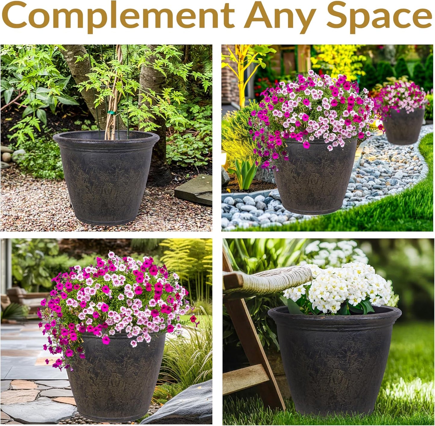 Sunnydaze 24-Inch Anjelica Large Plastic Pot for Plants - Outdoor Polyresin Round Planter with Drillable Drainage Holes - Sable - 4pk