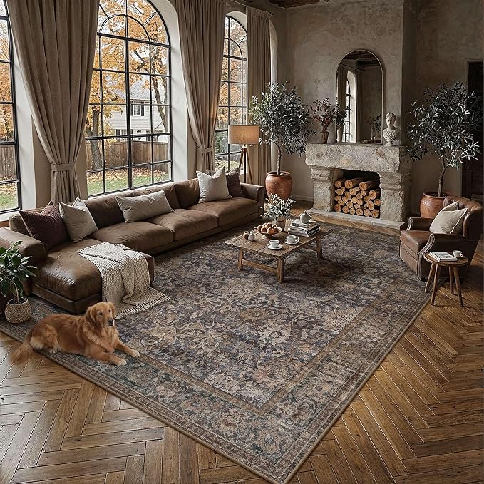 HUGEAR Area Rugs 9x12 Blue Brown Washable Rug for Living Room Bedroom Large Neutral Vintage Rug Carpet Distressed Soft Durable Non Slip No Shedding for Indoor Dining Nursery Farmhouse