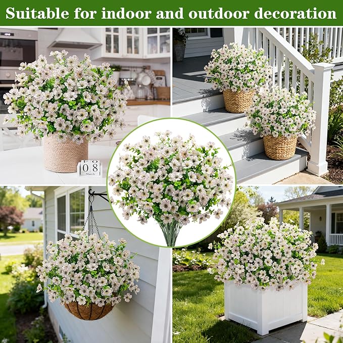 Ouddy Decor 12 Bundles Artificial Flowers for Outdoors Fake Silk Flowers UV Resistant Faux Plastic Plants for Spring Summer Garden Porch Window Box Table Vase Home Indoor Outdoor Decoration, White