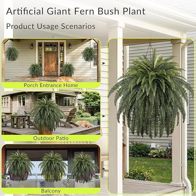 FOREST PRINCE 68" Artificial Ferns for Outdoor, UV Resistant Giant Faux Boston Fern Bush with 92 Fronds, Large Fake Plants Fade Resistant for Porch Patio Garden Home Decor