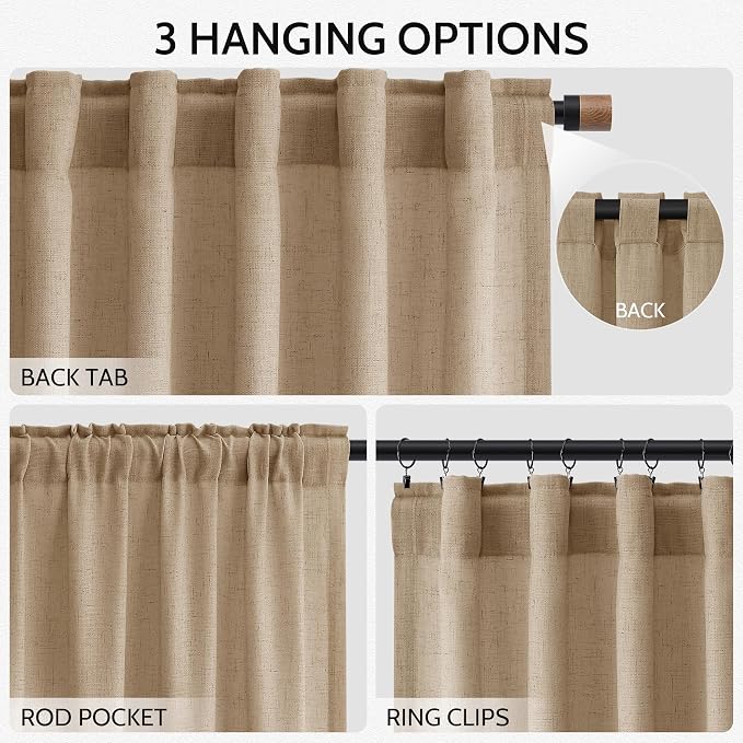 Sand Beige Linen 144 Inch Curtains for Living Room Simple Modern Light Filtering Semi Sheer Curtain Back Tab Rustic Luxury Home Decor Drapes Floor to Ceiling High Window for Bedroom 52x144, 2 Panels
