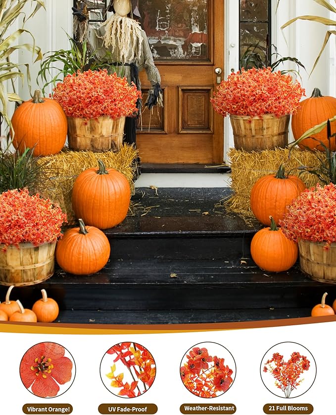 Artificial Fake Mums Flowers for Fall Outdoors Decor, 16 Bundles of Lifelike UV Resistant Orange Silk Daisies – Ideal for Porch, Garden, Yard, Planter, Halloween & Thanksgiving Autumn Decoration